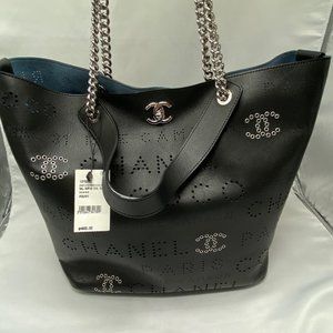 Chanel Black Logo Eyelets Shopping Tote Perforated Calfskin with Silver Hardware